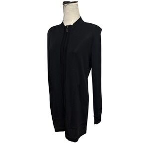 Misook Black Knit Zip Up Cardigan Jacket Shoulder Pad XS Korea Mock Neck Pockets